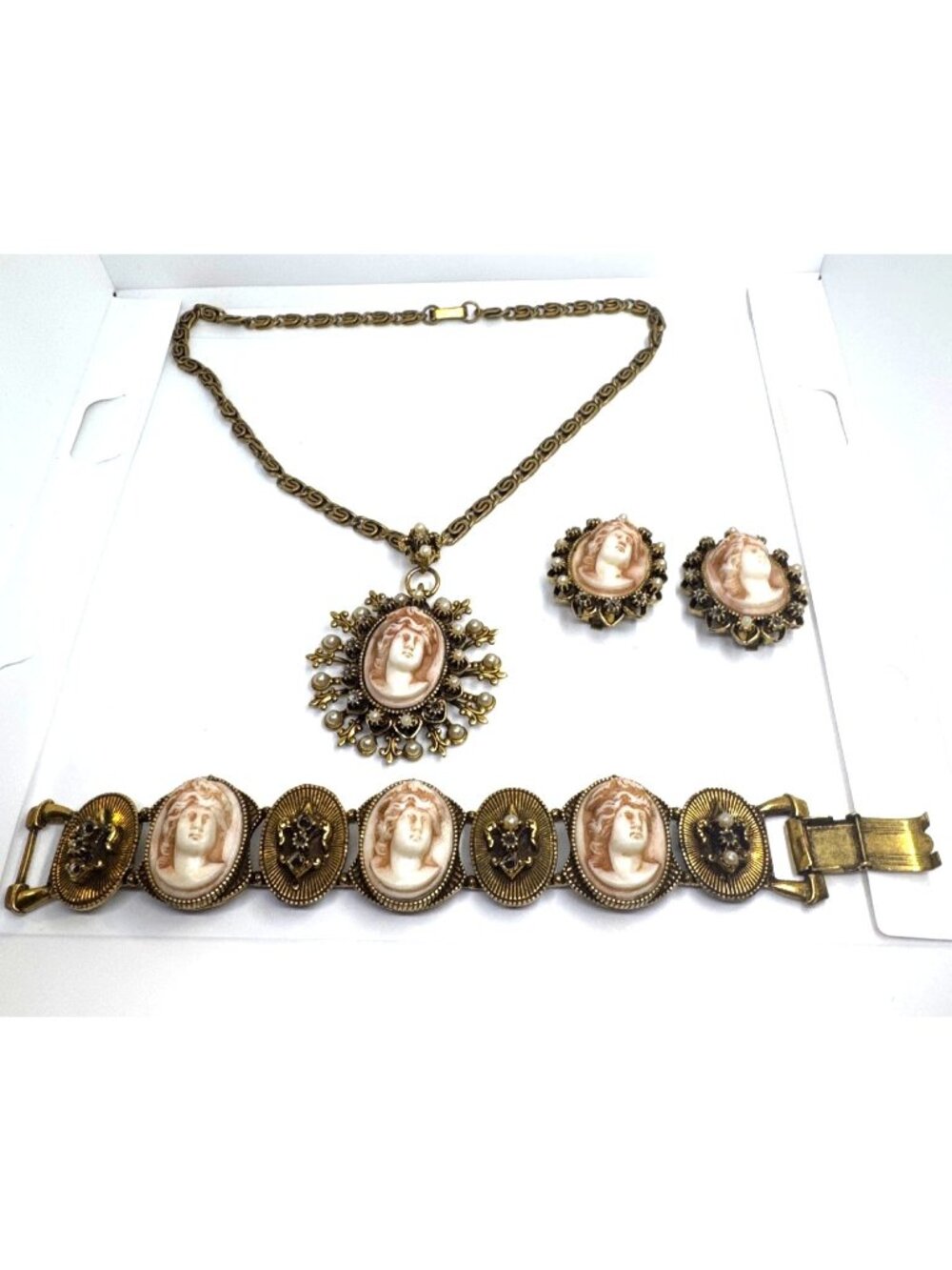 Vintage Victorian Revival Cameo Necklace Bracelet Clip Earrings Set Parure READ